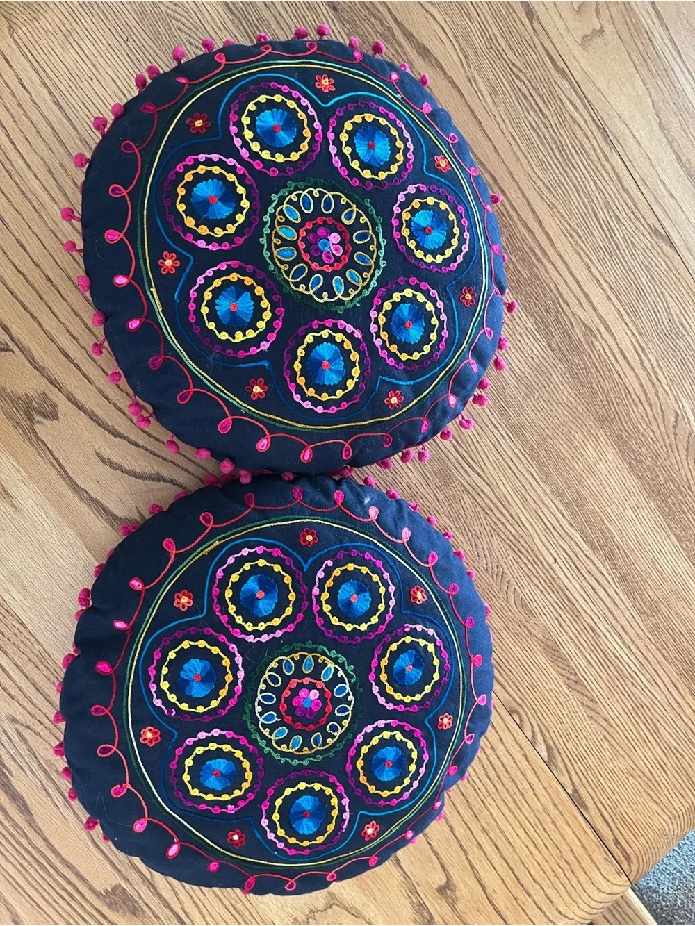 Embroidered Round Decorative Throw Pillow Pair - black with Multicolor Accents